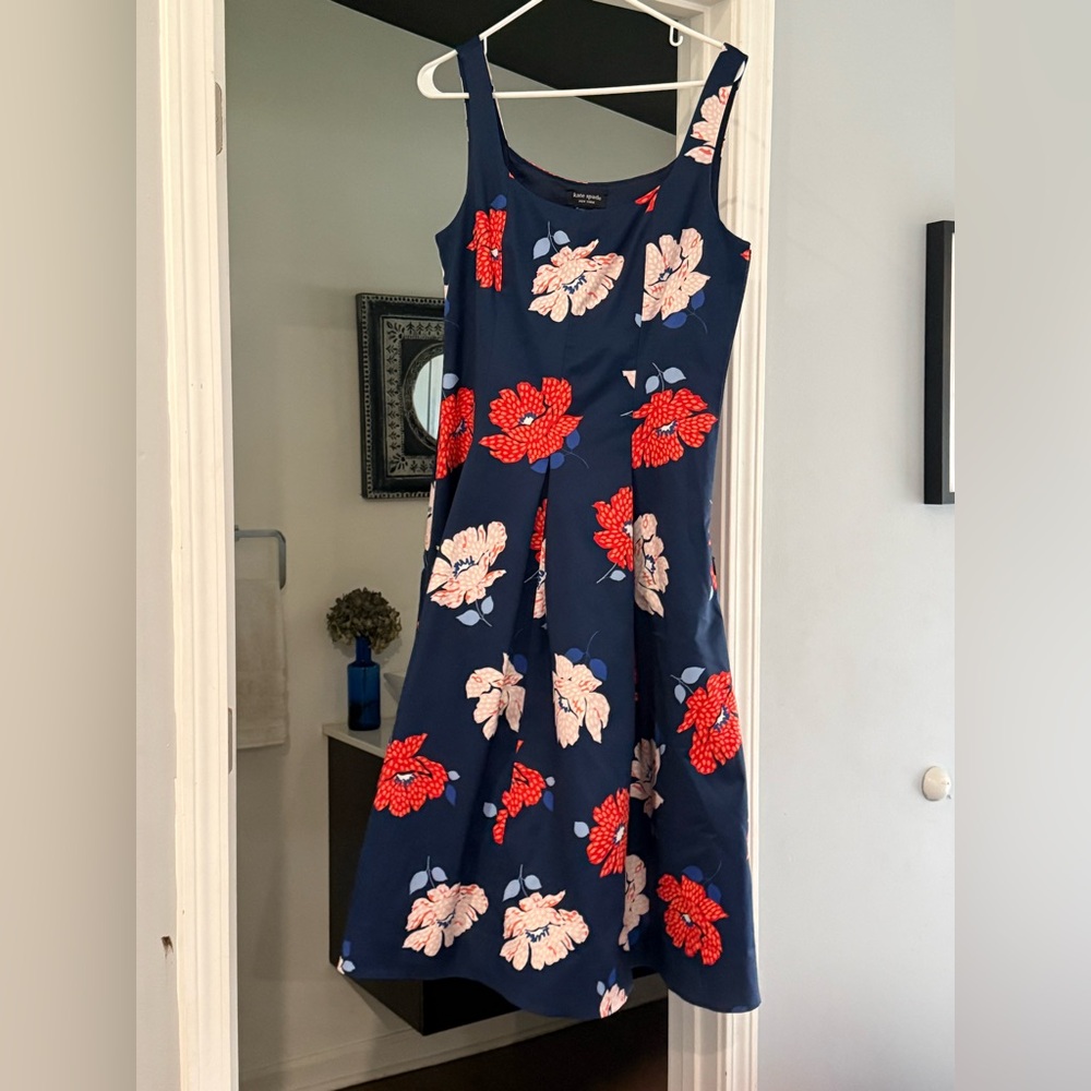 Kate Spade Navy A-Line Dress w/ Red Floral Design Size 10